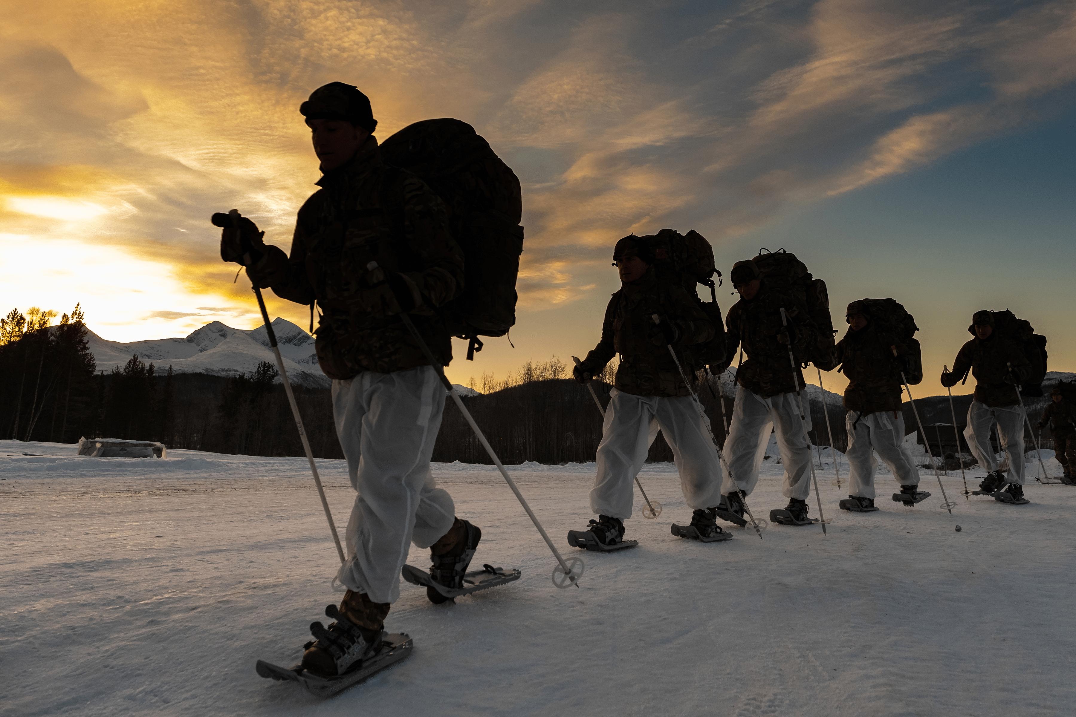 Group of soldiers at dusk, marching through the snow on snow shoes and using ski poles, all wearing heavy backpacks